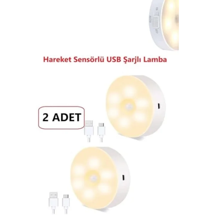 Led Gece Lambası Hareket Sensörü Şarj Edilebilir Duvara Monte Lamba 2 Adet