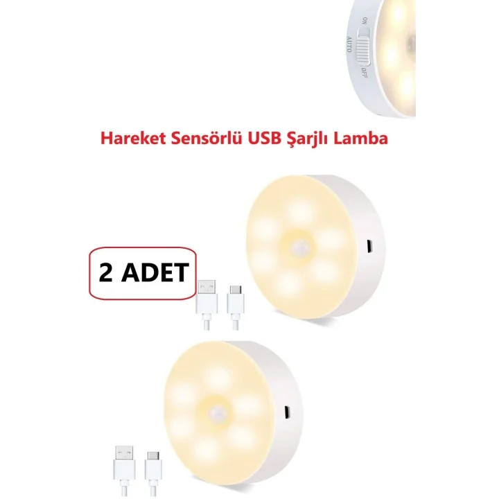 Led Gece Lambası Hareket Sensörü Şarj Edilebilir Duvara Monte Lamba 2 Adet
