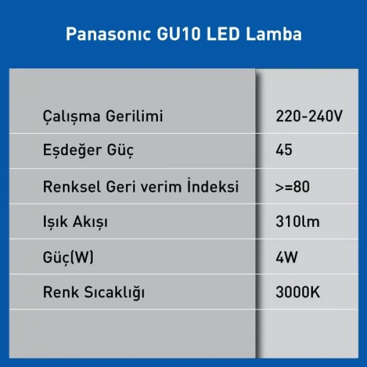 LED GU10, SICAK BEYAZ IŞIK 4W 310LM 3000K 60°