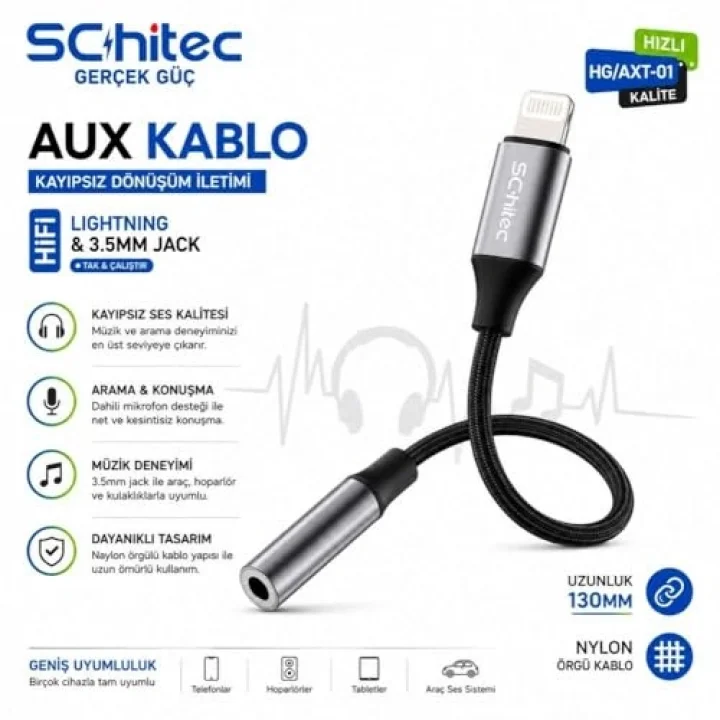 Lightning to 3.5mm AUX Dönüştürücü 10cm Siyah HG/AXT-01
