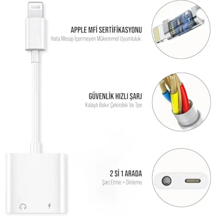 Lightning to 3.5mm Jack & Lightning Dönüştürücü | Çift Çıkış Adaptörü | Yüksek Ses Kalitesi ve Hızlı Şarj | Kulaklık Desteği | Şık ve Dayanıklı Tasarım