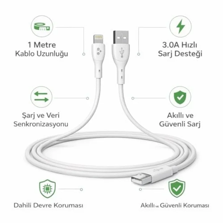 Lightning Uyumlu 1 Metre Şarj Kablosu | 3.0A Hızlı Şarj ve Veri Senkronizasyonu | Akıllı Devre Korumalı, Günlük Kullanıma Dayanıklı Tasarım