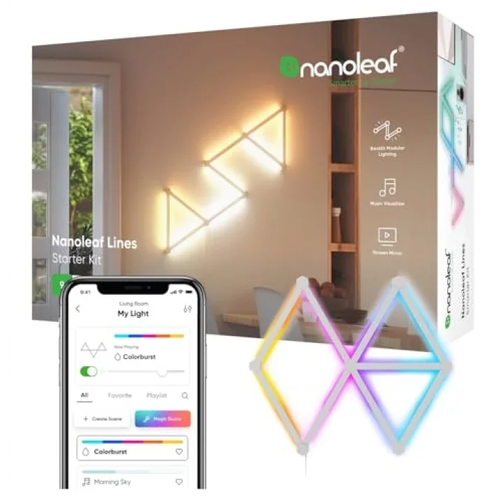 Lines 60 Derece Başlangıç ​​Seti, 9 Adet Akıllı RGBW LED Işık Çubuğu – Modüler Wi-Fi İç Mekan Duvar Aydınlatması (16 Milyon Renk), Alexa, Google ve Apple ile Uyumlu