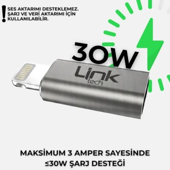 LinkTech Type-C to Lightning Dönüştürücü Adaptör, USB 3.1 Hızlı Şarj (3A) ve 5 Gbps Veri Aktarımı, iPhone ve iPad Uyumlu Kompakt Şarj Çevirici (Gri)