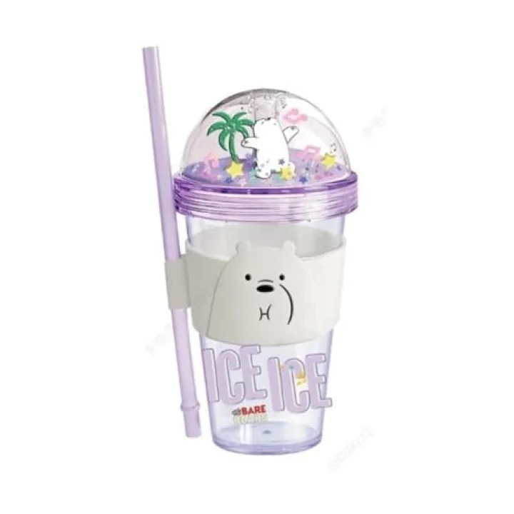 Lisanslı We Bare Bears Ice Bear Simli Plastik Pipetli ve Kapaklı Suluk