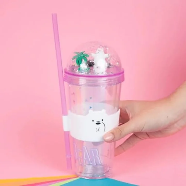 Lisanslı We Bare Bears Ice Bear Simli Plastik Pipetli ve Kapaklı Suluk