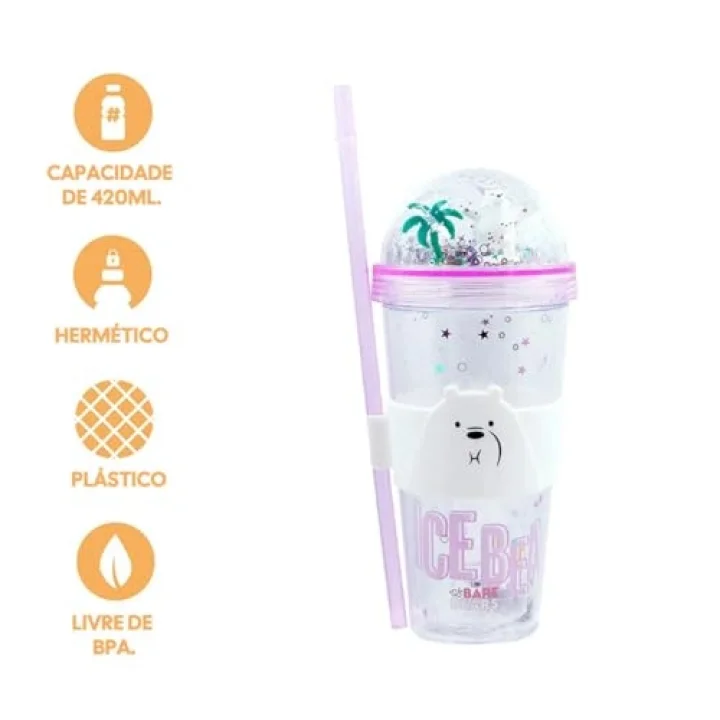 Lisanslı We Bare Bears Ice Bear Simli Plastik Pipetli ve Kapaklı Suluk