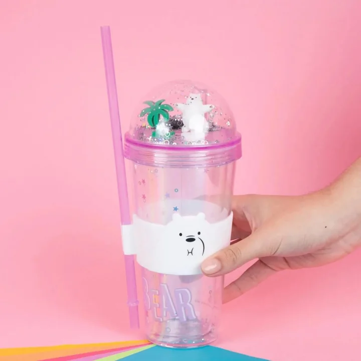 Lisanslı We Bare Bears Ice Bear Simli Plastik Pipetli ve Kapaklı Suluk