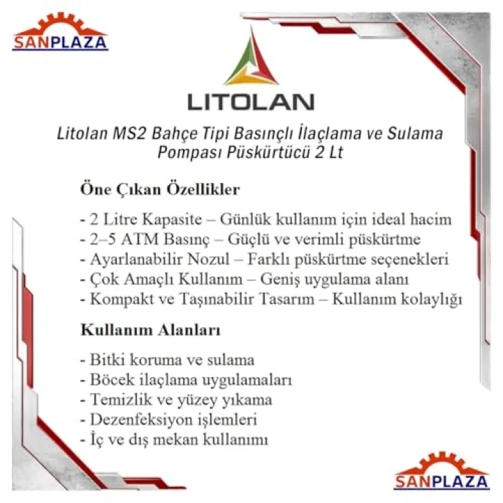 Litolan MS2 Bahçe Tipi Basınçlı İlaçlama ve Sulama Pompası Püskürtücü 2 Lt