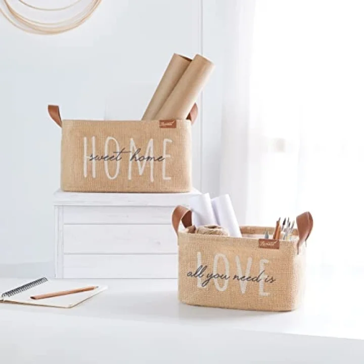 Love Baskılı Dikdörtgen Jüt Sepet //24x17x14