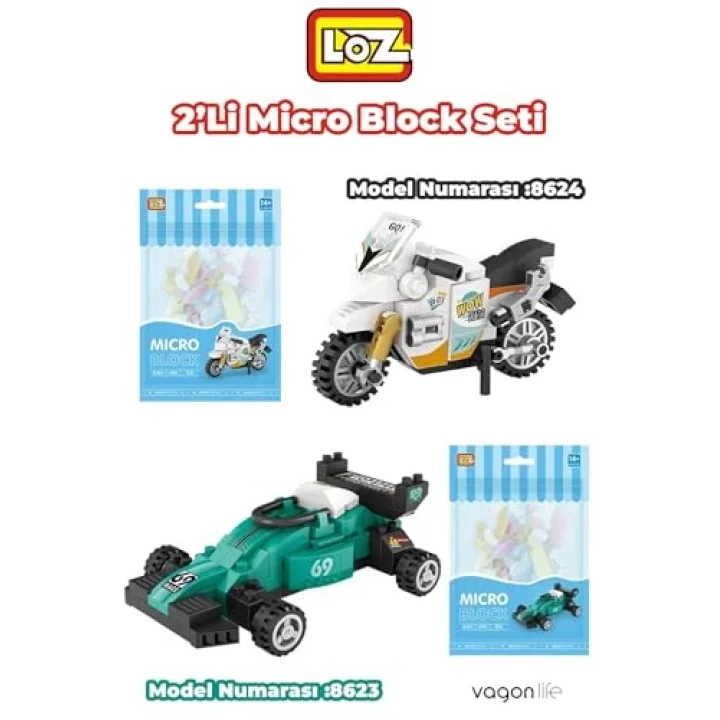 Loz Micro Block 2li Yarış Seti Araba Motor 2 Farklı Model Dekoratif Oyuncak Yapım Seti Yapı Blok Seti