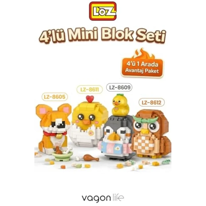Loz Micro Block 4lü Sevimli Hayvan Seti 4 Farklı Model Dekoratif Oyuncak Yapım Seti Yapı Blok Seti