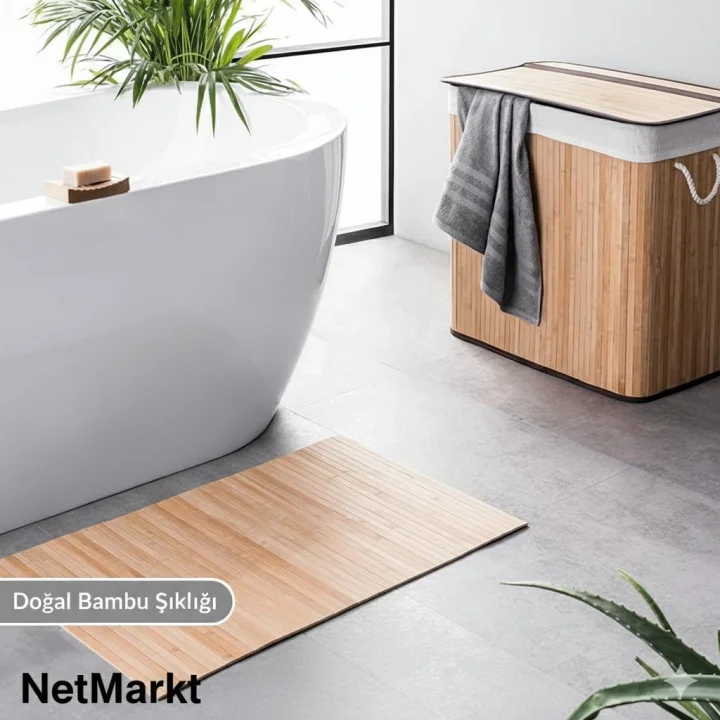 Lüks Bambu Banyo Paspası & Mutfak Matı | Kaydırmaz Tabanlı, Suya Dayanıklı | Çamaşır Makinesi Üstü Dekoratif Örtü Olarak Kullanılabilir | Doğal Ahşap Görünümlü