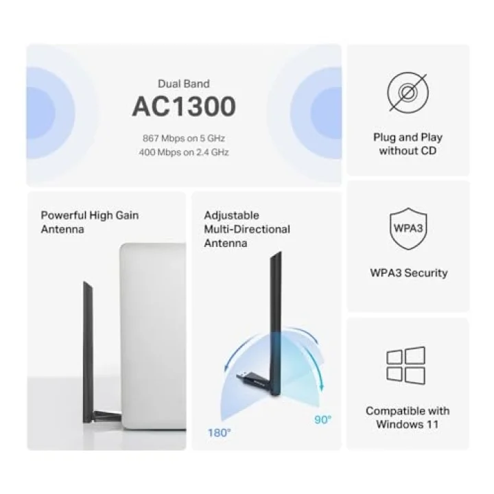 MA30H, AC1300 Mbps, Çift Bant, USB 3.0, Yüksek Çekim Güçlü Wi-Fi 5 USB Adaptör