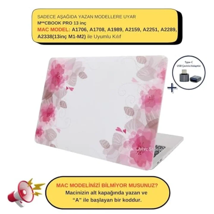 MacBook Pro 13 Çiçek Desenli Kılıf A1706 A1708 A1989 A2159 A2251 A2289 A2338 M1 M2 Uyumlu Baskılı Sert Kılıf İnce Hafif Koruyucu Kapak Pembe