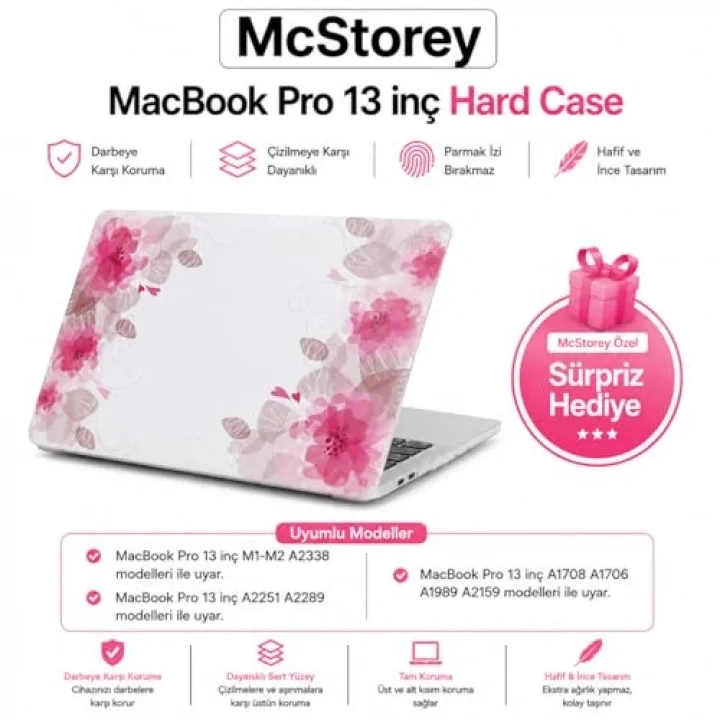 MacBook Pro 13 Çiçek Desenli Kılıf A1706 A1708 A1989 A2159 A2251 A2289 A2338 M1 M2 Uyumlu Baskılı Sert Kılıf İnce Hafif Koruyucu Kapak Pembe