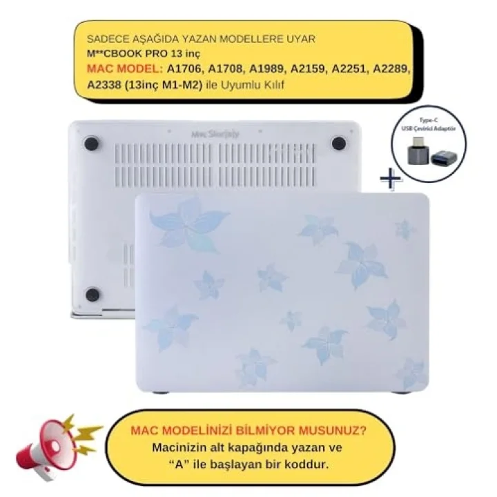MacBook Pro 13 Çiçek Desenli Kılıf A1706 A1708 A1989 A2159 A2251 A2289 A2338 M1 M2 Uyumlu Baskılı Sert Kılıf İnce Hafif Koruyucu Kapak Açık Mavi