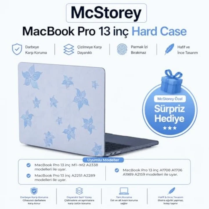 MacBook Pro 13 Çiçek Desenli Kılıf A1706 A1708 A1989 A2159 A2251 A2289 A2338 M1 M2 Uyumlu Baskılı Sert Kılıf İnce Hafif Koruyucu Kapak Açık Mavi