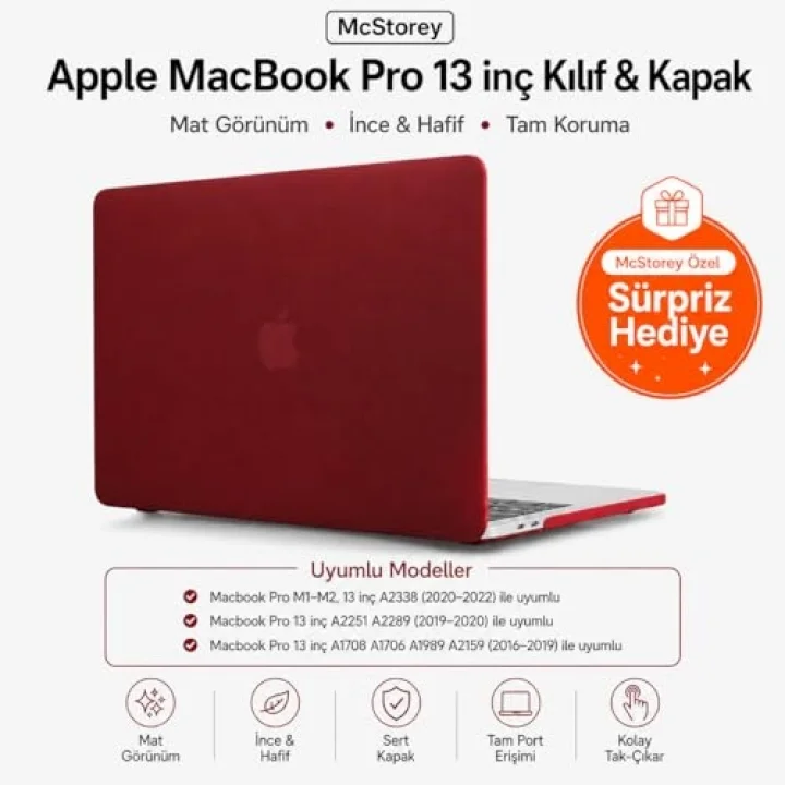 MacBook Pro 13 İnç M1 M2 Kılıf A2338 Uyumlu | Mat Sert Koruyucu Kapak Hard Case | A1706 A1708 A1989 A2159 A2251 A2289 Uyumlu İnce Hafif Buzlu Laptop Kılıfı Bordo