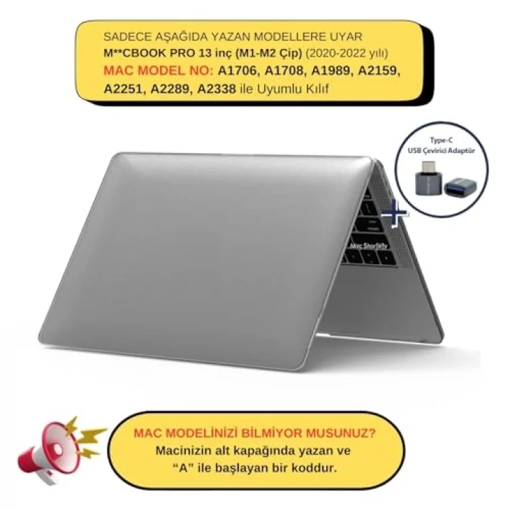 MacBook Pro 13 Kristal Şeffaf Kılıf A1706 A1708 A1989 A2159 A2251 A2289 A2338 M1 M2 Uyumlu Parmak İzi Bırakmaz İnce Hafif Sert Kapak Gri