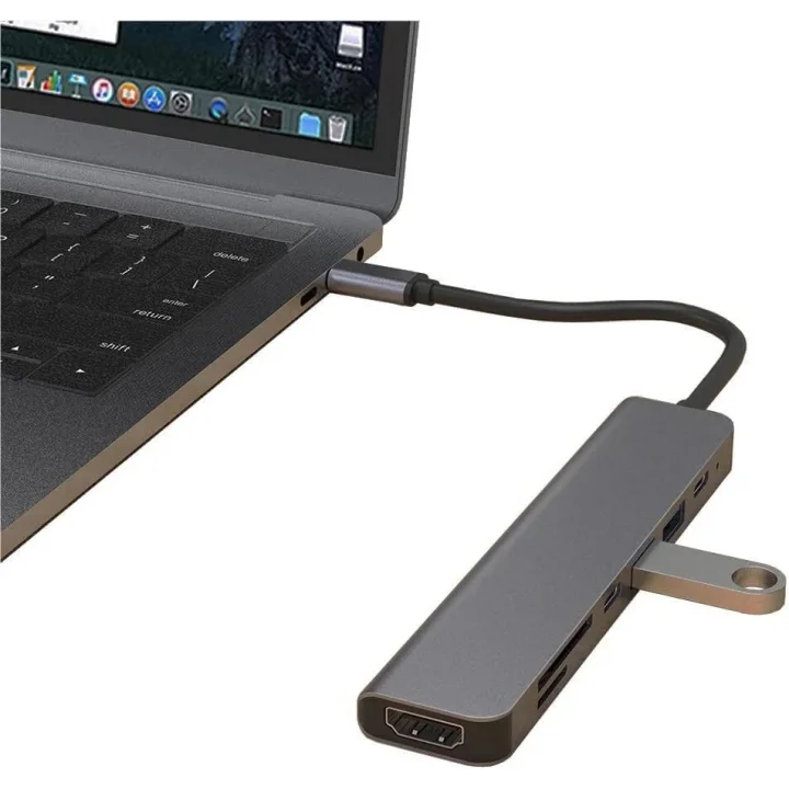 Macbook Pro Huawei Dell ile Uyumlu Type C to 4K HDMI + USB 3.0 + SD/tf + PD + Type-C, Taşınabilir 7in1 Adaptör