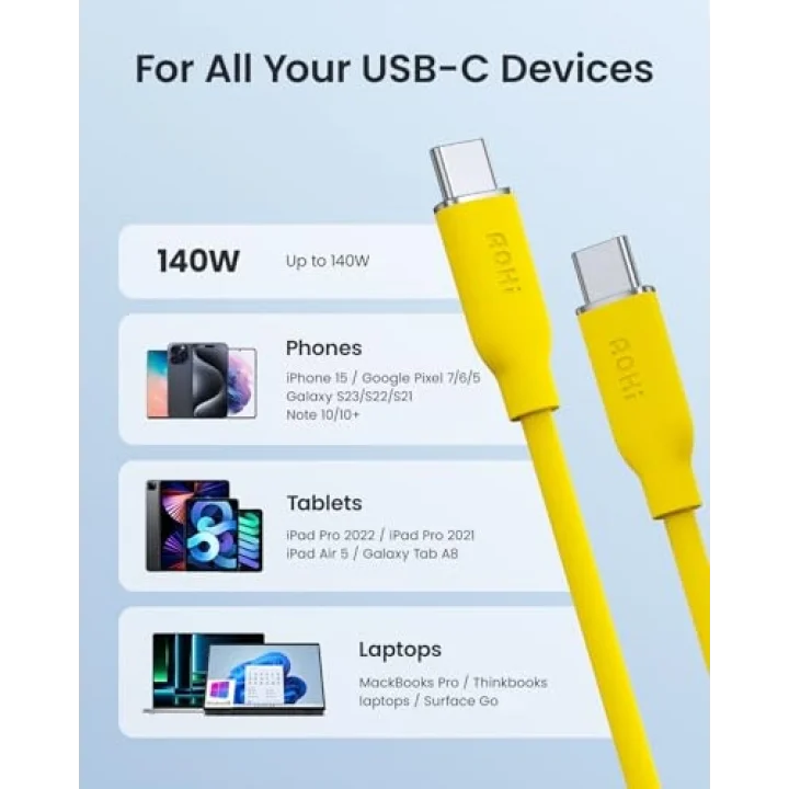 MacBook Pro, iPhone 15 Pro Max Plus, iPad Pro/Air, Galaxy S23Ultra, Piksel, Anahtar, 3.3 ft, Sarı için 140W USB C - USB C Kablosu PD 3.1 Tip C Hızlı Şarj Kablosu