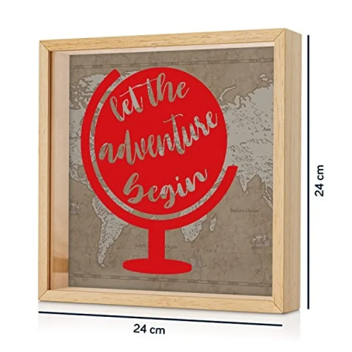 Macera Başlasın Tasarımlı Ahşap Kumbara - 24 x 24 x 4,5 cm - Dekoratif Tablo Özellikli