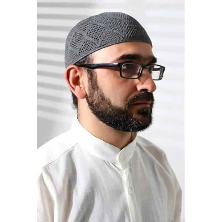 Makine Örgüsü Dantel Detaylı Namaz Takkesi Füme