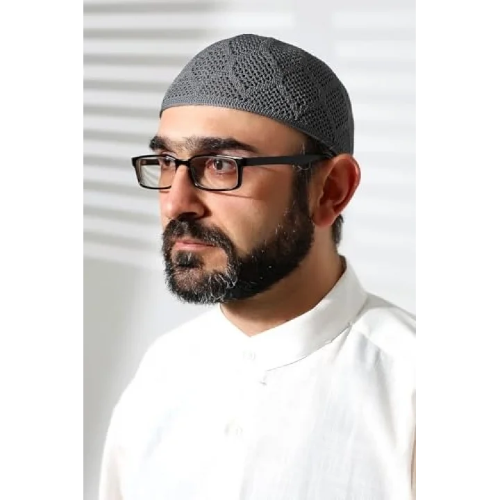 Makine Örgüsü Dantel Detaylı Namaz Takkesi Füme