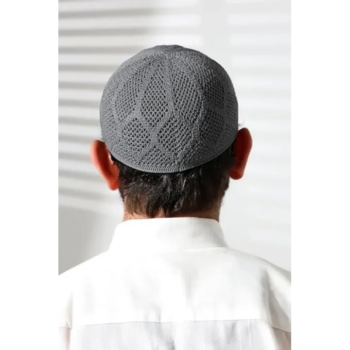 Makine Örgüsü Dantel Detaylı Namaz Takkesi Füme