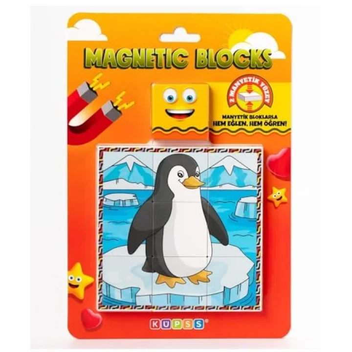 Manyetik Blok Çift Taraflı 9 Parçalı Mıknatıslı PENGUEN - KÖPEK BALIĞI Puzzle - 2 Görsel YapBoz