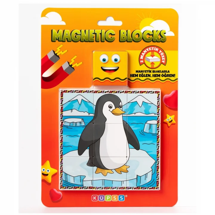 Manyetik Blok Çift Taraflı 9 Parçalı Mıknatıslı PENGUEN - KÖPEK BALIĞI Puzzle - 2 Görsel YapBoz