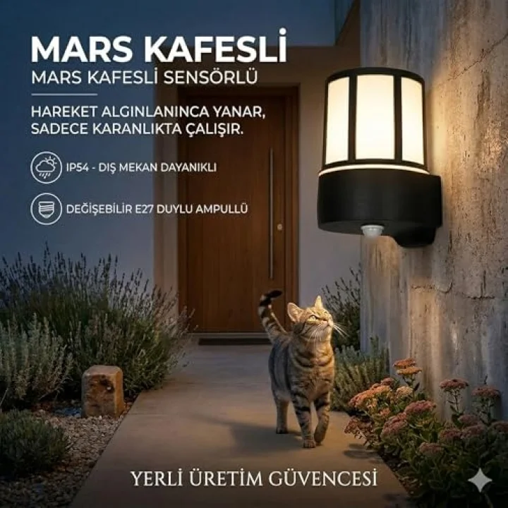 Mars Serisi Sensörlü Bahçe Apliği - IP54 Zita Dış Mekan Duvar Lambası, E27 Duy, Yanmaz & Kırılmaz Gövde, Hareket Sensörlü, Siyah Kafesli Tasarım,%100 Yerli Üretim