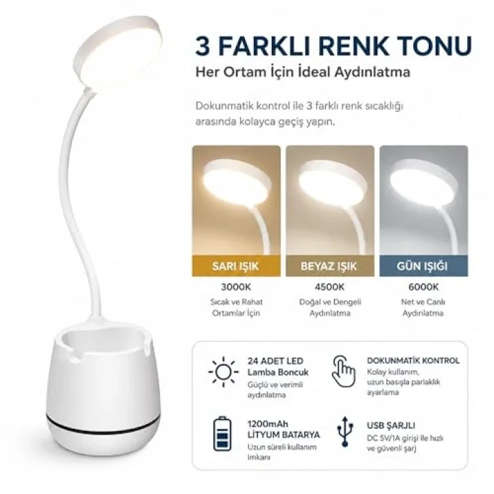 Masa Lambası Şarjlı Dokunmatik 24 LED’li, 3 Renk Modlu Ayarlanabilir Işık, USB Şarjlı, Esnek Gövde, Modern Masa ve Gece Lambası