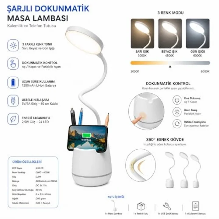 Masa Lambası Şarjlı Dokunmatik 24 LED’li, 3 Renk Modlu Ayarlanabilir Işık, USB Şarjlı, Esnek Gövde, Modern Masa ve Gece Lambası