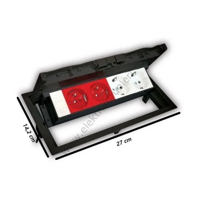 Masa Üstü Kapaklı Priz Kutusu – 2 Şebeke, 2 UPS, 1 Data Prizi Dahil – ABS Kırılmaz Siyah Plastik – Gömme Tip – 12,5x25,2 cm Kesim – 14,2x27 cm Dış Çap NE-AD