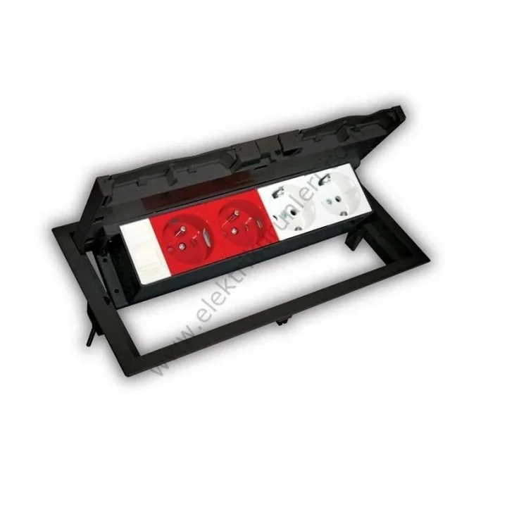 Masa Üstü Kapaklı Priz Kutusu – 2 Şebeke, 2 UPS, 1 Data Prizi Dahil – ABS Kırılmaz Siyah Plastik – Gömme Tip – 12,5x25,2 cm Kesim – 14,2x27 cm Dış Çap NE-AD