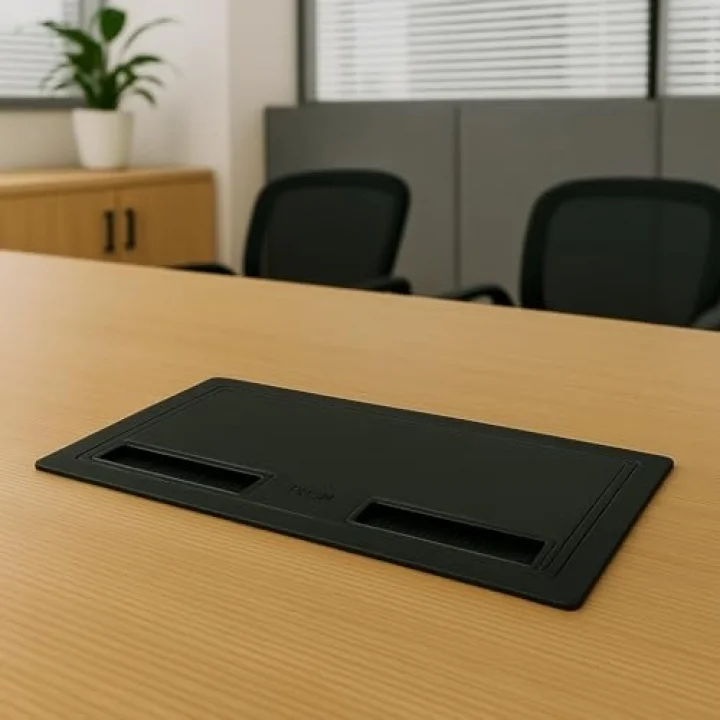 Masa Üstü Kapaklı Priz Kutusu – 2 Şebeke, 2 UPS, 1 Data Prizi Dahil – ABS Kırılmaz Siyah Plastik – Gömme Tip – 12,5x25,2 cm Kesim – 14,2x27 cm Dış Çap NE-AD