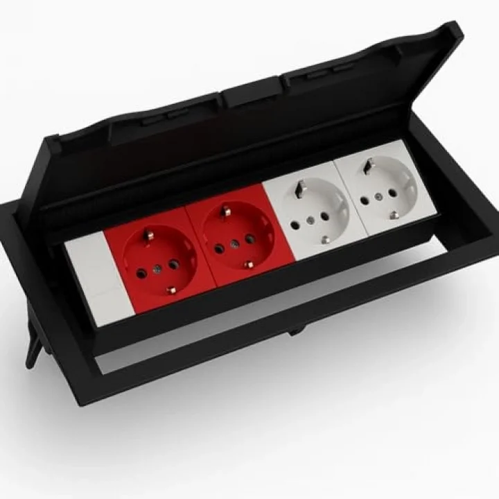Masa Üstü Kapaklı Priz Kutusu – 2 Şebeke, 2 UPS, 1 Data Prizi Dahil – ABS Kırılmaz Siyah Plastik – Gömme Tip – 12,5x25,2 cm Kesim – 14,2x27 cm Dış Çap NE-AD