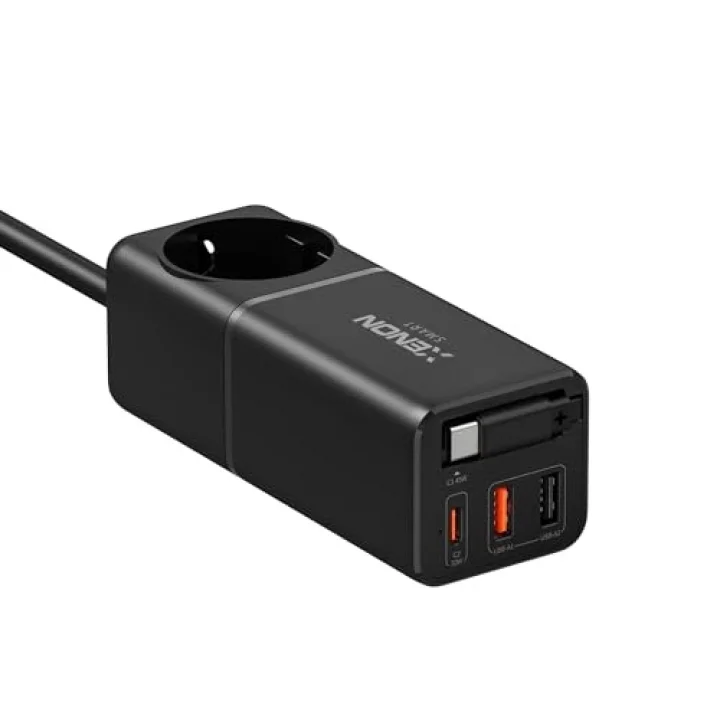 Masaüstü Priz Hızlı Şarj İstasyonu | 75W GaN 4000W AC Dahili USB-C Kablo 3 x USB PD PPS X6412