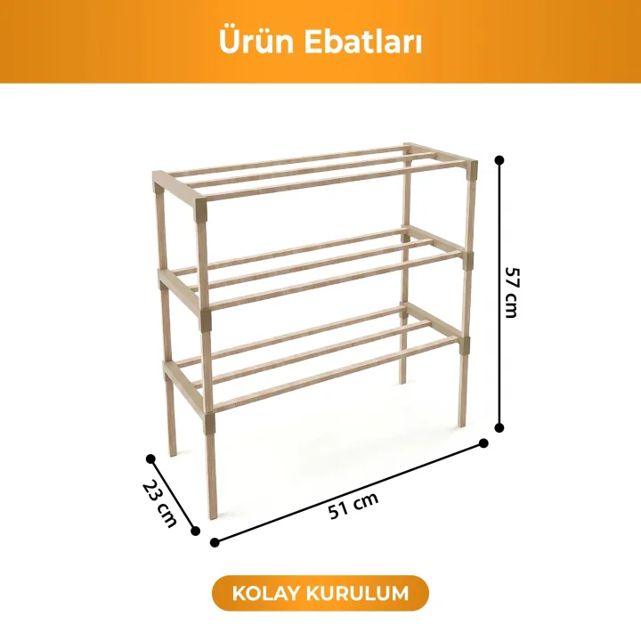 Masif Ahşap Açık Raflı 2 Katlı Ayakkabılık – Modern Minimal, 6–8 Çift Ayakkabı Kapasiteli, Hava Alan Slat Raf, Kolay Kurulum