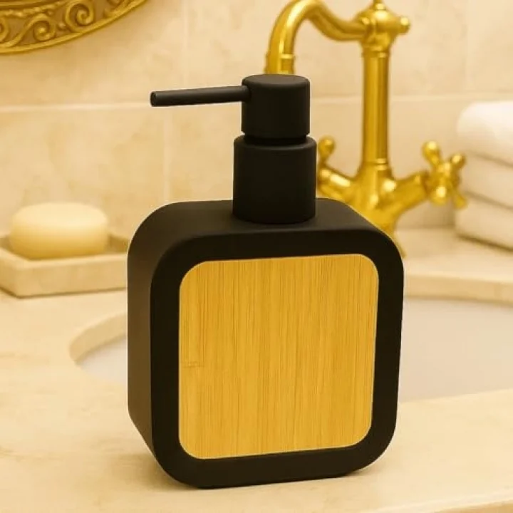 Mat Antrasit Sabunluk | Ahşap Desenli Lüks, Ergonomik Tasarım, Ahşap Dispenser (Siyah)