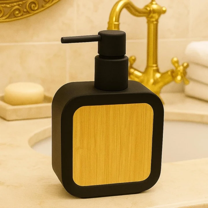 Mat Antrasit Sabunluk | Ahşap Desenli Lüks, Ergonomik Tasarım, Ahşap Dispenser (Siyah)