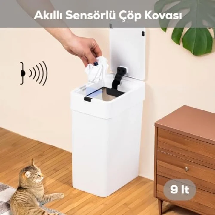 Me-06 Hareket Sensörlü 9lt Sessiz Banyo Mutfak Çöp Kovası Beyaz