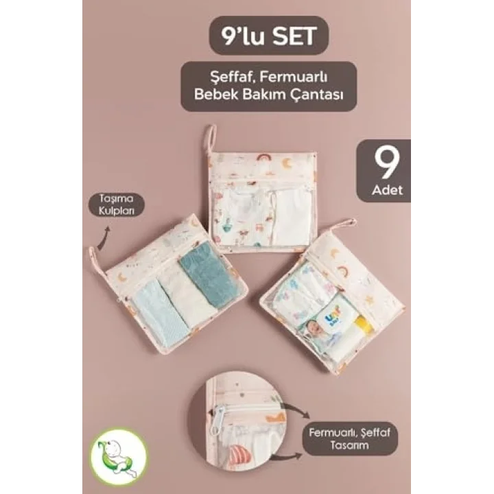 Meleni Baby 9 Parça Şeffaf Pencereli Fermuarlı Yeni Doğan Hastane Organizer Seti - Bavul Valiz Düzenleyici Hurç