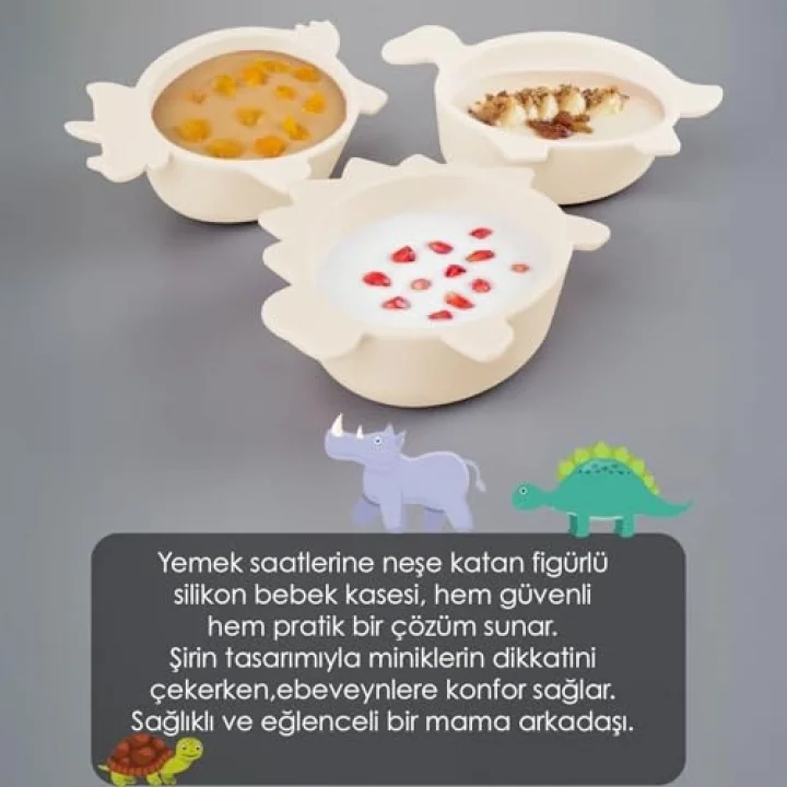 Meleni Baby Gergedan Figürlü Silikon Bebek Mama Kasesi - Şekilli Bebek Beslenme Kasesi - Bej