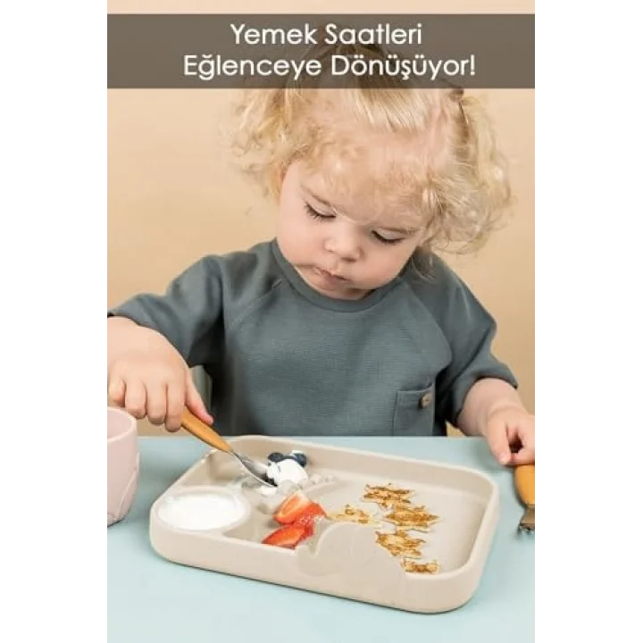Meleni Baby Silikon 3 Bölmeli Bebek Beslenme Tabağı - Tabak - Beslenme Aksesuarı - Bej