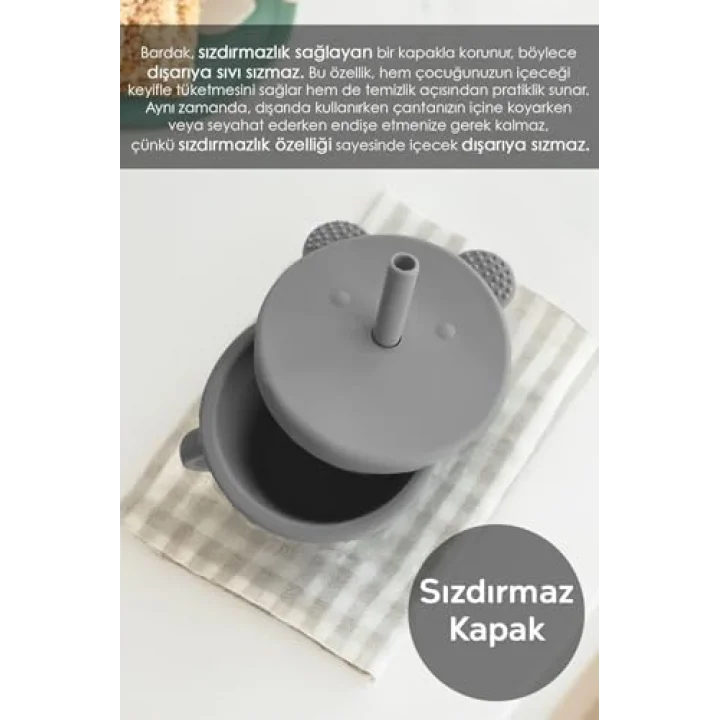 Meleni Baby Sızdırmaz Kapaklı, Silikon Pipetli Bebek Alıştırma Bardağı, Silikon Bebek Beslenme Bardağı - Gri