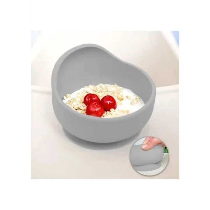 Meleni Baby Vakum Tabanlı Bebek Mama Kasesi - Vakumlu Oval Silikon Kase - Gri