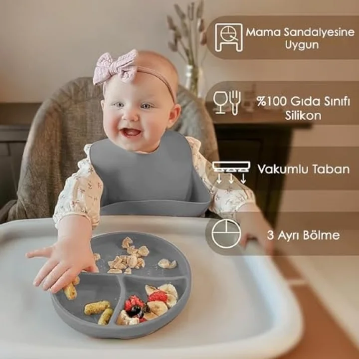 Meleni Baby Vakum Tabanlı Bebek Silikon Mama Tabağı - Silikon Tabak Antrasit